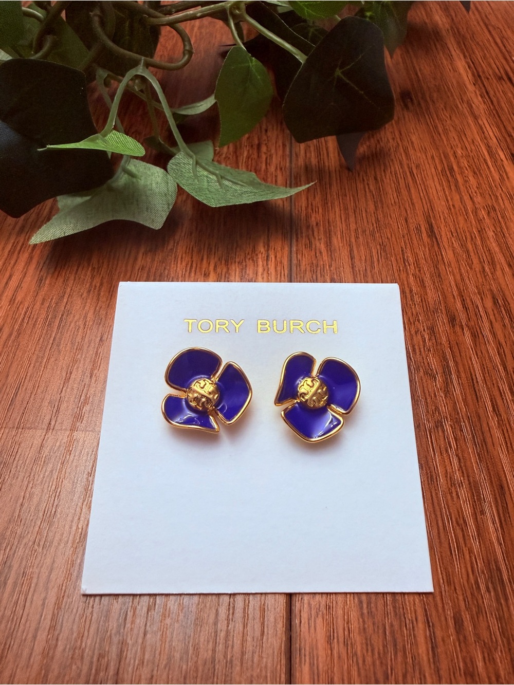 Tory Burch Gold-Tone Purple Enamel Flower Stud Earrings